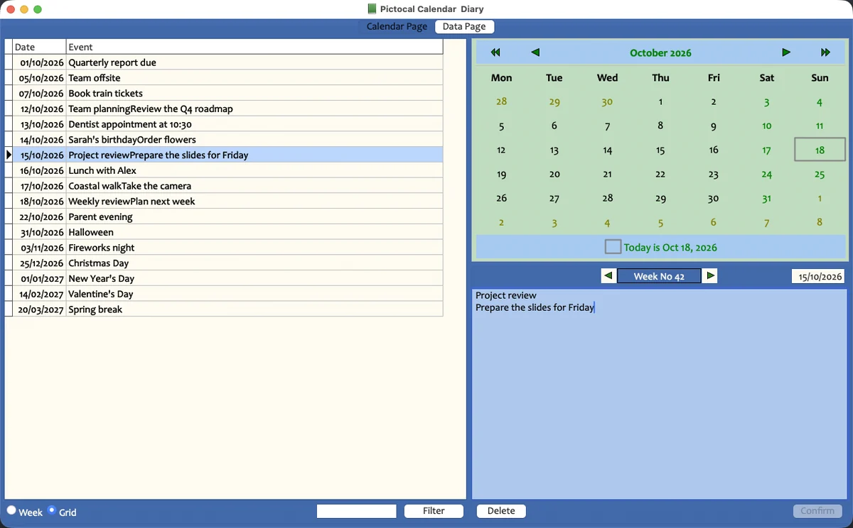 The Pictocal grid view listing every diary entry